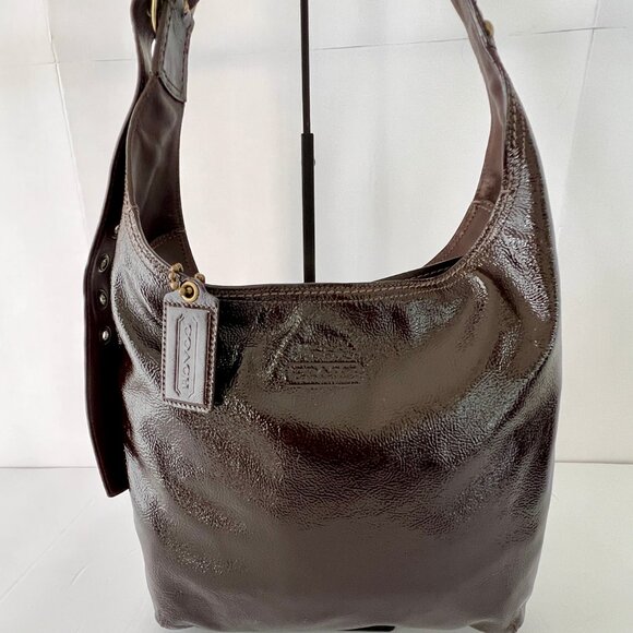 Coach Brown Patent Leather Crinkle Texture Hobo & Crossbody Bag, C0873-12387 EUC - Picture 14 of 16